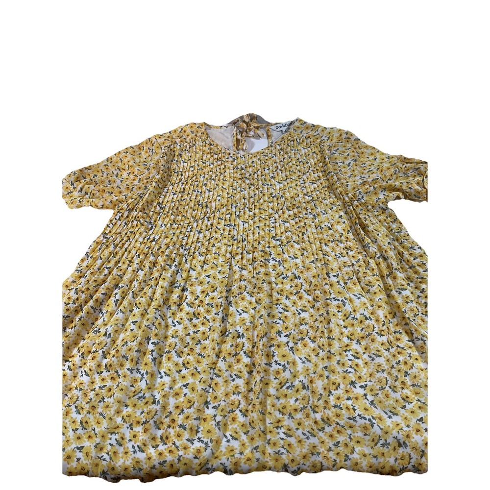 Davi & Dani Yellow Floral Tie Sleeves Pleated Lined Mini Flowy Dress Sz S J15